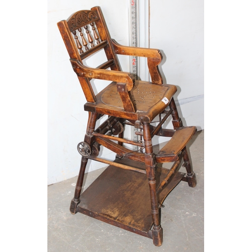 40 - A vintage wooden metamorphic child's high chair and walker, early 20th century