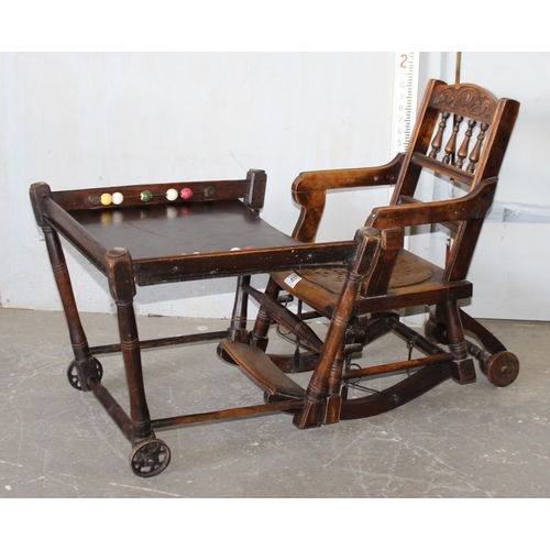 40 - A vintage wooden metamorphic child's high chair and walker, early 20th century