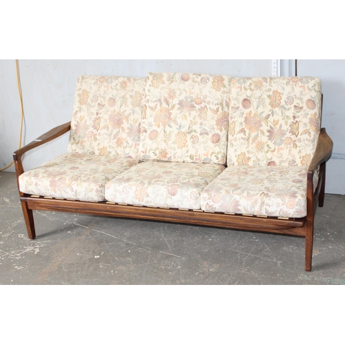 60 - A retro teak framed 3 seater sofa, likely Danish but unmarked, in the manner of Ole Wanscher