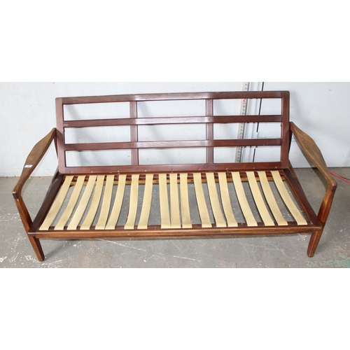 60 - A retro teak framed 3 seater sofa, likely Danish but unmarked, in the manner of Ole Wanscher