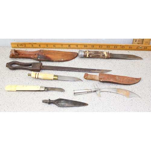 1002 - 5 assorted knives to inc folding and trench art & a bronze spear tip (6)