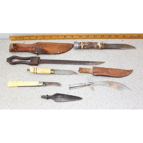 1002 - 5 assorted knives to inc folding and trench art & a bronze spear tip (6)