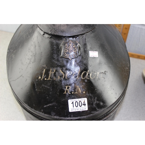 1004 - An antique Royal Navy painted hatbox named to J.P Seddon containing a Gieves pith helmet