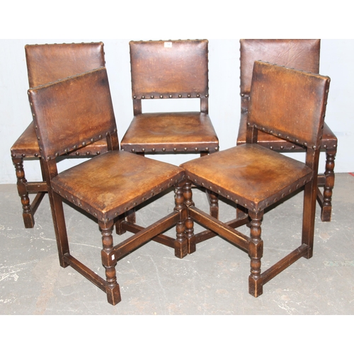 14 - A set of 5 17th century style leather and oak chairs