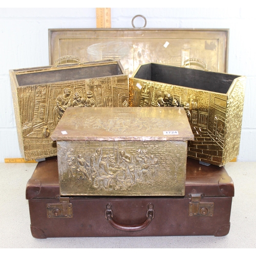 1724 - Brass covered coal box, 2 similar matching magazine racks, vintage suitcase etc (5)