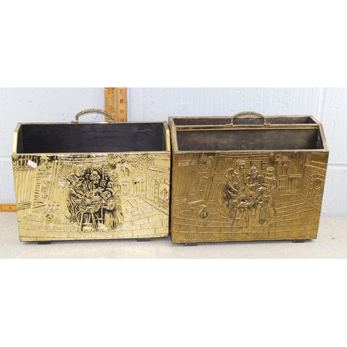 1724 - Brass covered coal box, 2 similar matching magazine racks, vintage suitcase etc (5)