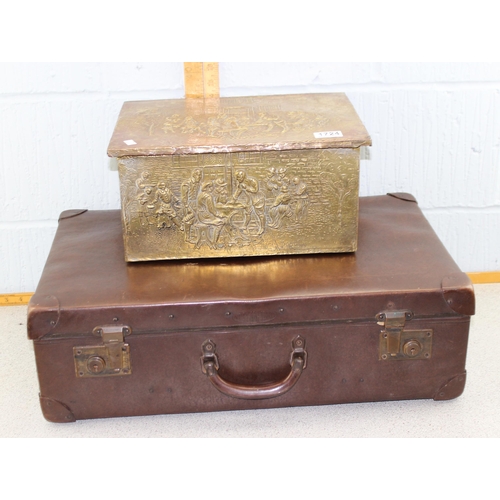 1724 - Brass covered coal box, 2 similar matching magazine racks, vintage suitcase etc (5)