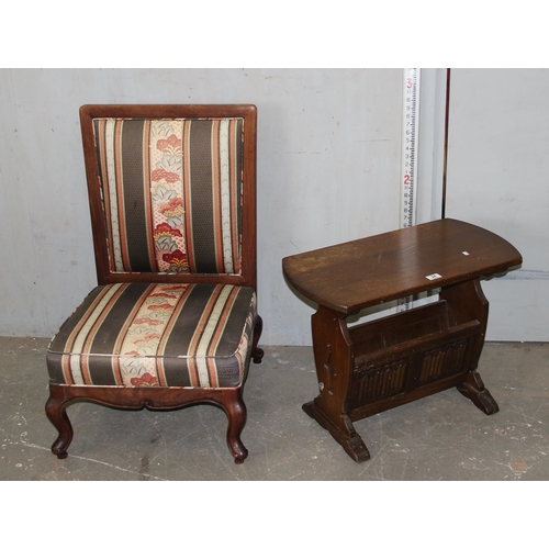 24 - Antique style low chair and an oak magazine rack table (2)