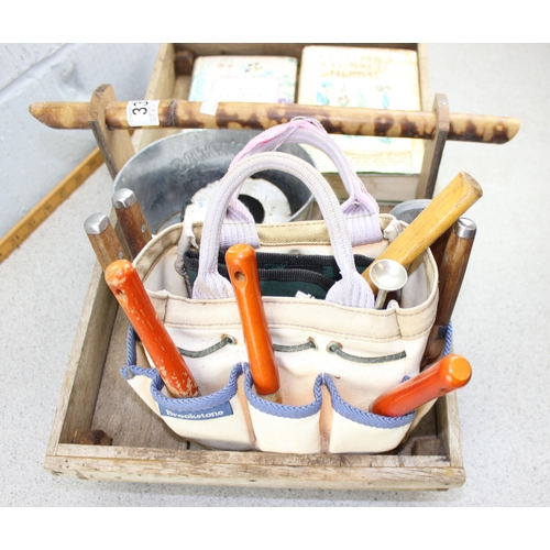 333 - Bamboo handled wooden trug and a qty of small garden tools