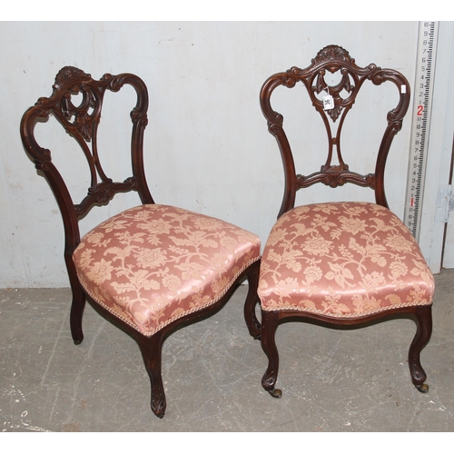 36 - 2 Victorian bedroom chairs with carved details and stuffed upholstered seats