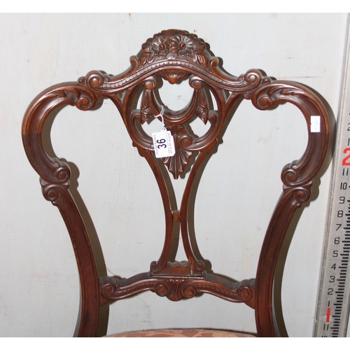 36 - 2 Victorian bedroom chairs with carved details and stuffed upholstered seats