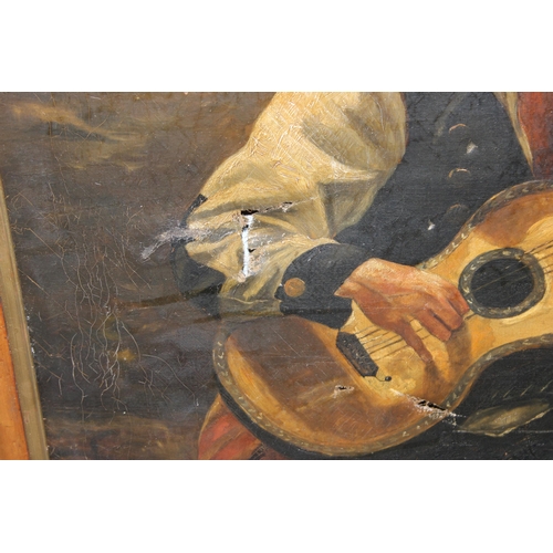 400 - Antique oil on canvas of a male with guitar, in maple veneered frame, signed M.P. Creed? and dated i... 