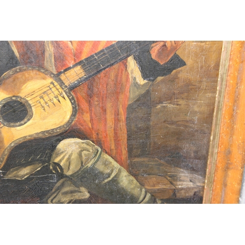 400 - Antique oil on canvas of a male with guitar, in maple veneered frame, signed M.P. Creed? and dated i... 