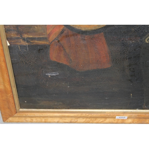 400 - Antique oil on canvas of a male with guitar, in maple veneered frame, signed M.P. Creed? and dated i... 