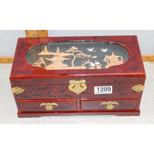 1209 - Chinese style jewellery box and contents, mainly costume jewellery