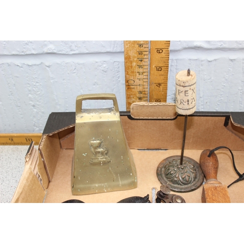 1739 - Vintage brass cow bell, letter spike and other assorted metalware