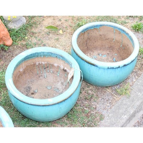 337 - A pair of large teal glazed garden pots, approx 42cm diameter