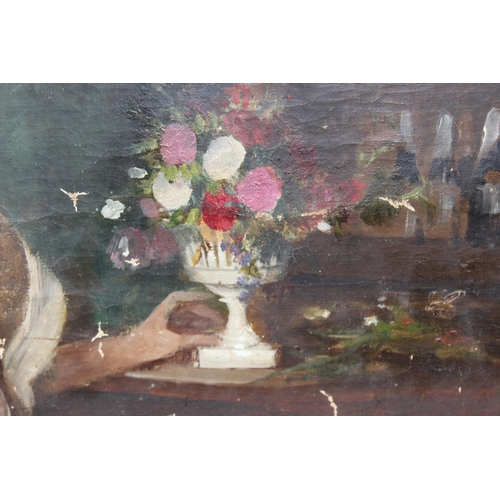 406 - An antique oil on canvas of a lady arranging flowers, unsigned, late 19th or early 20th century, rem... 