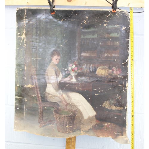 406 - An antique oil on canvas of a lady arranging flowers, unsigned, late 19th or early 20th century, rem... 