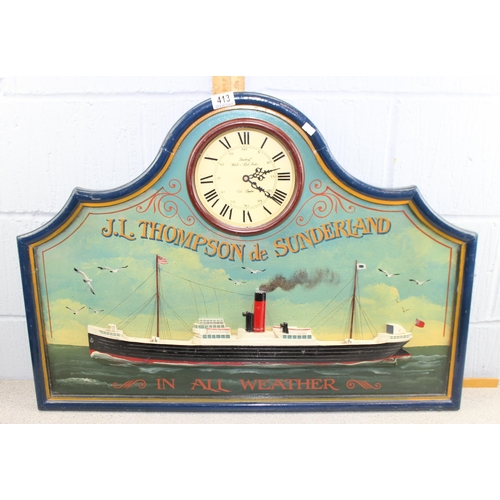 413 - Vintage style hand painted large 3d wooden ship sign with clock  J L Thompson Sunderland, approx 85c... 