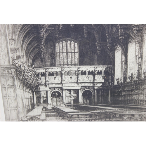 414 - Sydney R Jones - Etching depicting Middle Temple Hall, signed in pencil with Kirk & Co gallery label... 