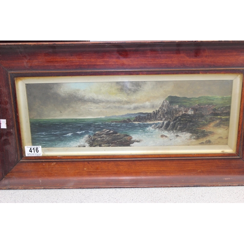 416 - J. Wakefield (XIX), 2 antique oil on board paintings of rough seas and coastlines, in original antiq... 