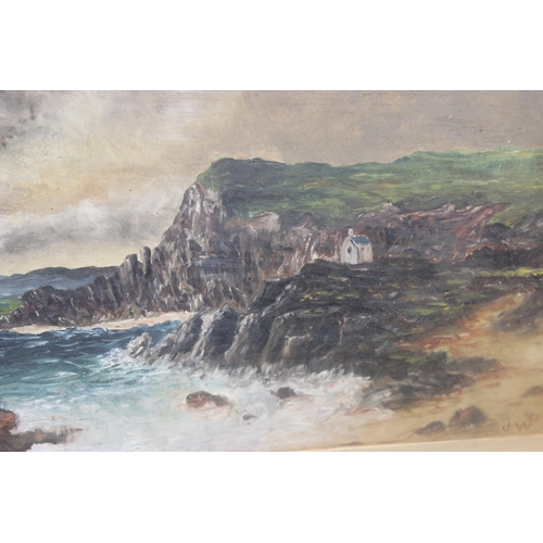 416 - J. Wakefield (XIX), 2 antique oil on board paintings of rough seas and coastlines, in original antiq... 