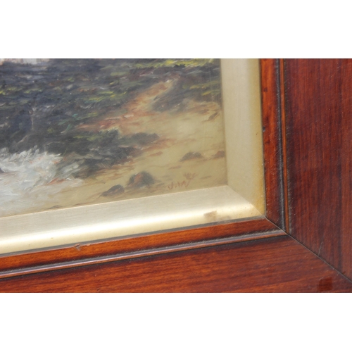 416 - J. Wakefield (XIX), 2 antique oil on board paintings of rough seas and coastlines, in original antiq... 