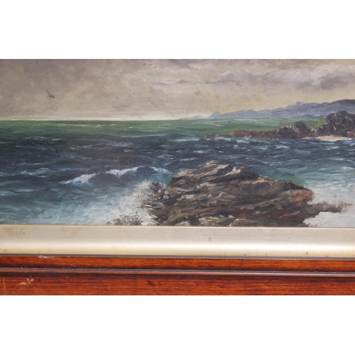 416 - J. Wakefield (XIX), 2 antique oil on board paintings of rough seas and coastlines, in original antiq... 