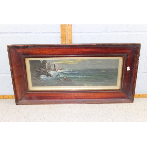 416 - J. Wakefield (XIX), 2 antique oil on board paintings of rough seas and coastlines, in original antiq... 