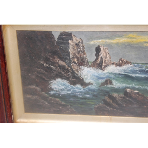 416 - J. Wakefield (XIX), 2 antique oil on board paintings of rough seas and coastlines, in original antiq... 