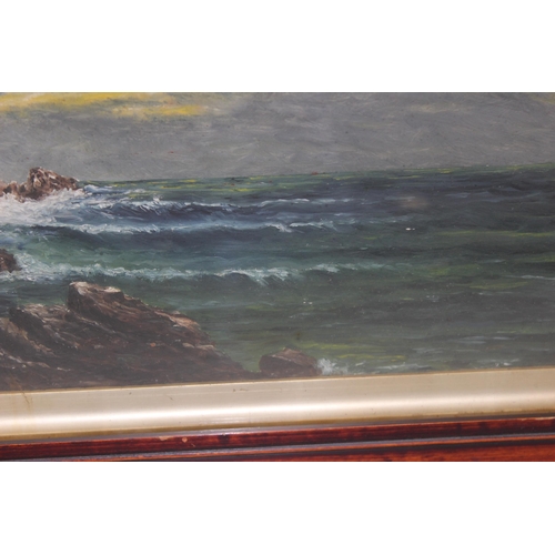 416 - J. Wakefield (XIX), 2 antique oil on board paintings of rough seas and coastlines, in original antiq... 