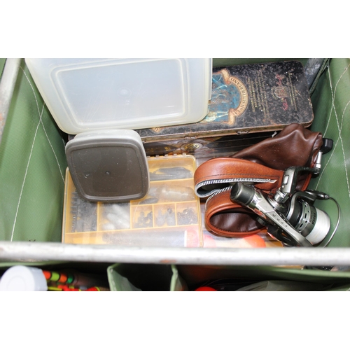 754 - Vintage fishing box and various contents to inc weights, reel, floats, lures etc etc