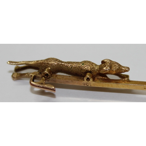 1225 - 9ct gold hunting bar brooch, dog possibly a Greyhound chasing a hare, boxed, approx 5.7g gross