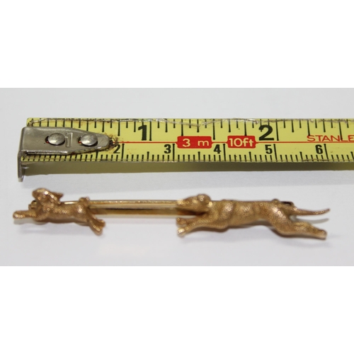 1225 - 9ct gold hunting bar brooch, dog possibly a Greyhound chasing a hare, boxed, approx 5.7g gross