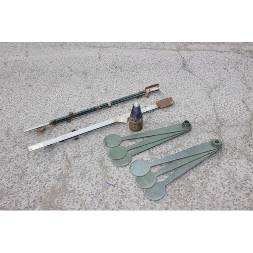 1023 - Mortar stabiliser legs, nose cone and other military items etc