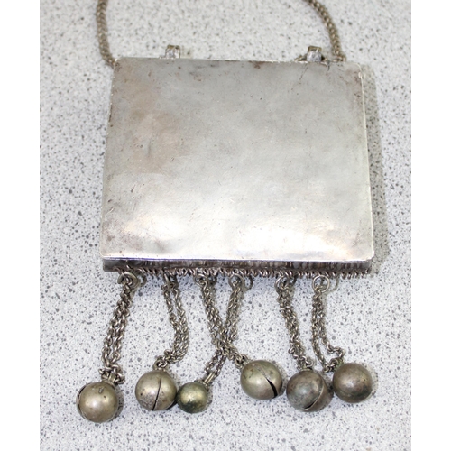 1129 - An unusual white metal (likely silver but unmarked) amulet box necklace, possibly Omani in origin, l... 