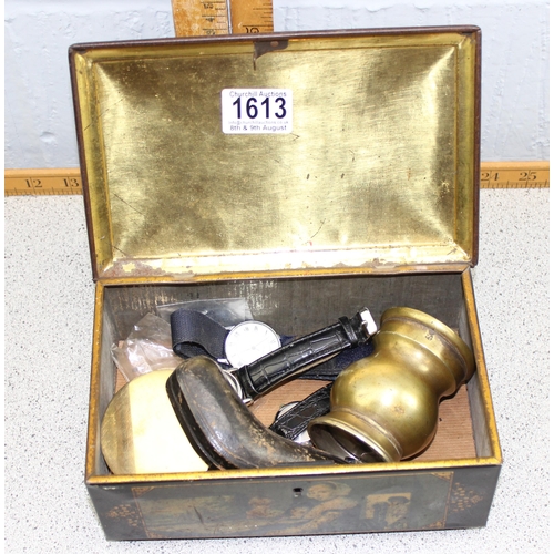 1613 - Qty of interesting objects to inc a reproduction brass compass, meerschaum pipe etc