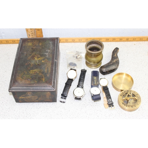 1613 - Qty of interesting objects to inc a reproduction brass compass, meerschaum pipe etc