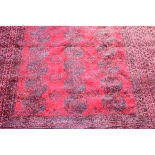 209 - A large hand made Afghan rug of red ground decorated with 3 lines of 7 elephant foot gul, approx 370... 