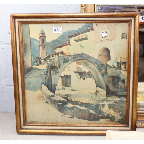 431 - 2 vintage framed prints, Ponte Vecchio after Beaussier, Low Tide after Jean Amiot & a mirror (3)