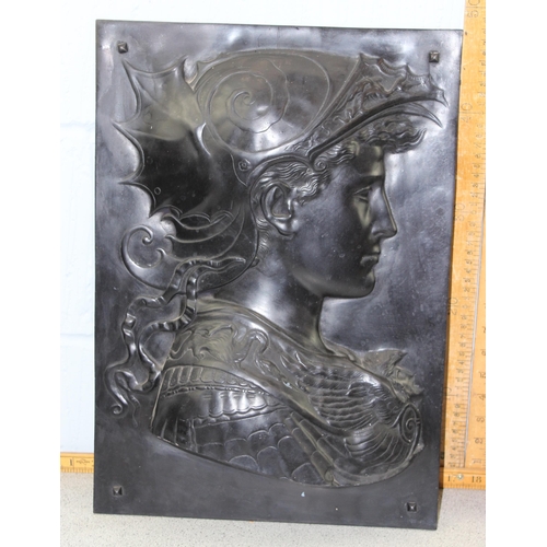 433 - A large pair of bronzed finish fibreglass relief plaques depicting ancient Greek soldiers