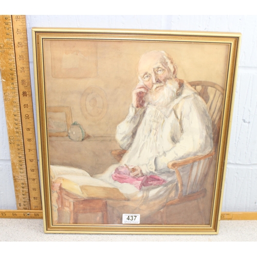 437 - Watercolour of a seated pensive elderly male, unsigned, likely mid-20th century, framed and glazed