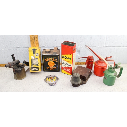 758 - Vintage oil cans, AA badge, blow lamp etc etc