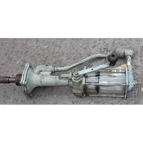 765 - Vintage oil barrel pump with glass reservoir