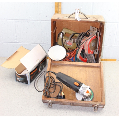 875 - Wooden box of assorted power tools etc