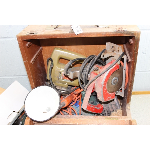 875 - Wooden box of assorted power tools etc