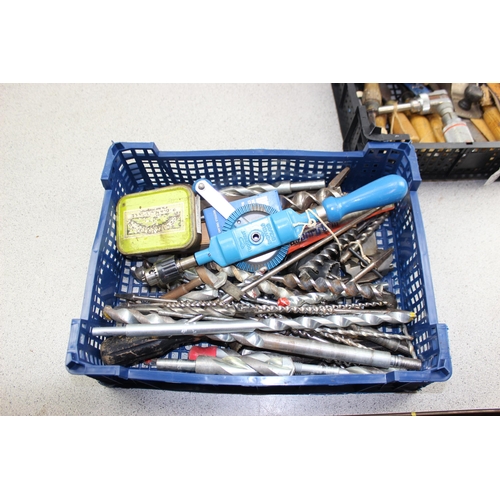 876 - 2 crates of assorted tools to inc chisels, planes, drill bits etc