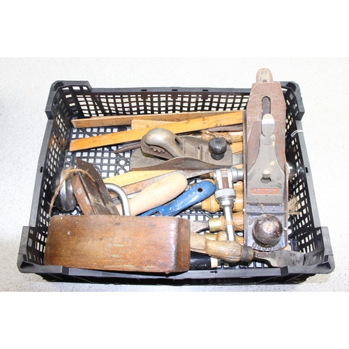 876 - 2 crates of assorted tools to inc chisels, planes, drill bits etc