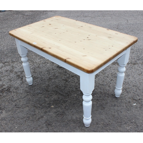 96 - Vintage pine kitchen table with white painted base, approx 122cm x 77cm